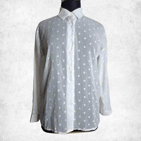 White Polka Dot Button Down Blouse 2XL – Sheer Lightweight Long Sleeve Top - Picture 6 of 7
